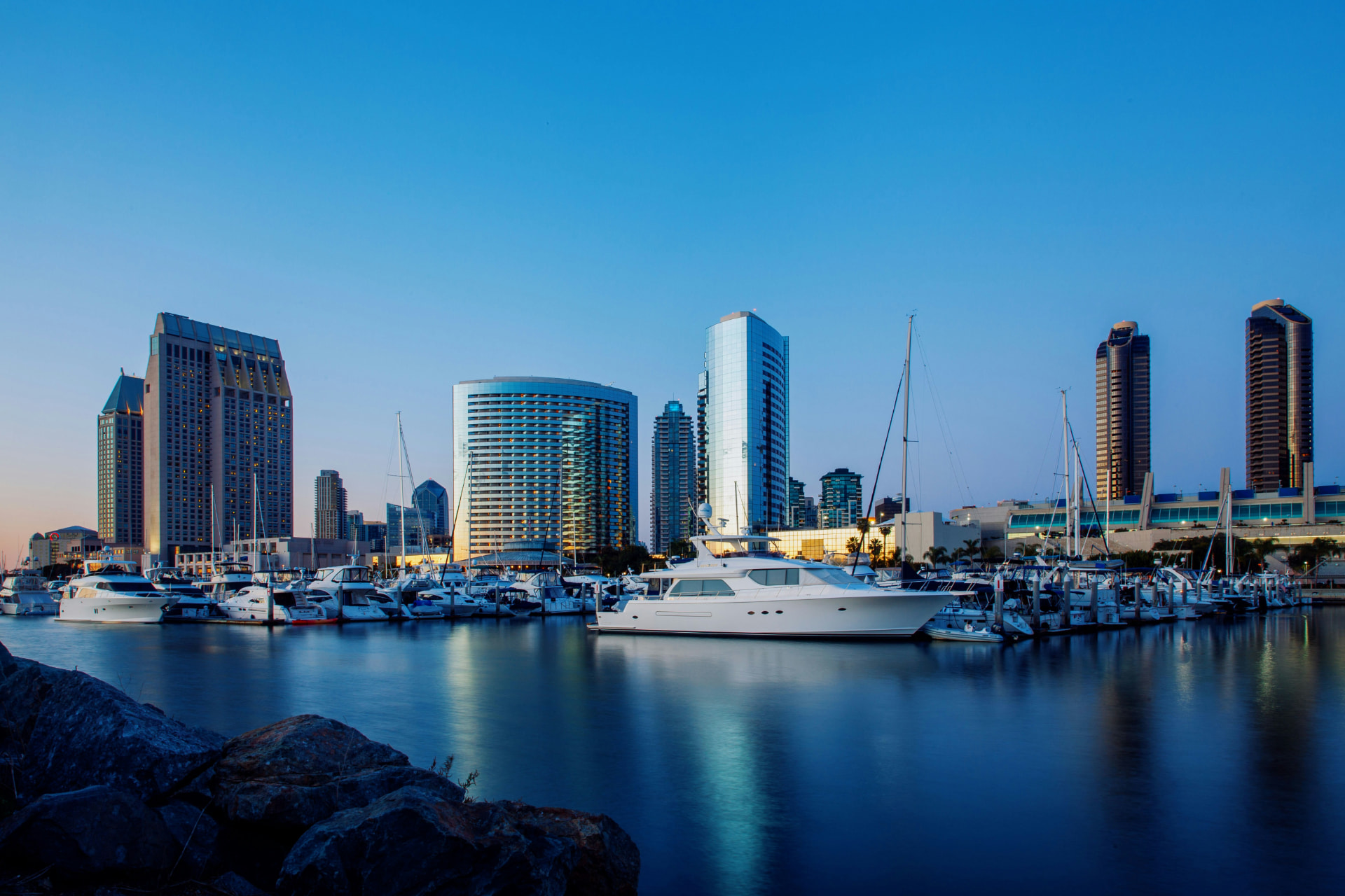San Diego downtown skyline and marina at dusk