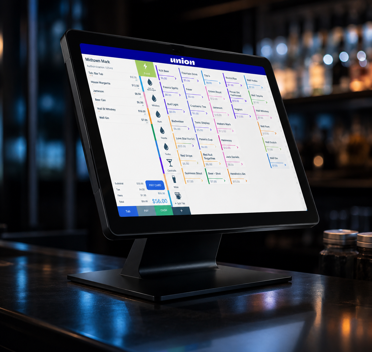 Union bar point of sale terminal on a bar top — Union POS hardware offered by JustPayments