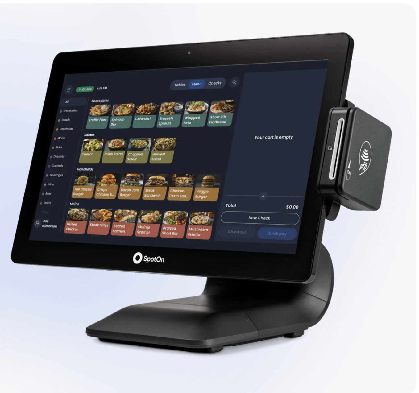 SpotOn Restaurant POS station with customer-facing card reader — SpotOn hardware offered by JustPayments