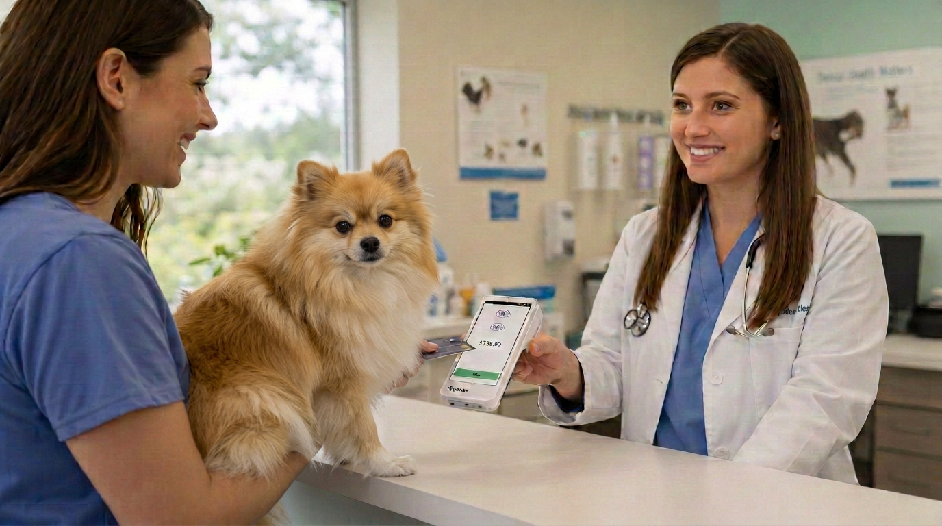 Veterinarian holding Clover terminal while client pays by card at clinic counter