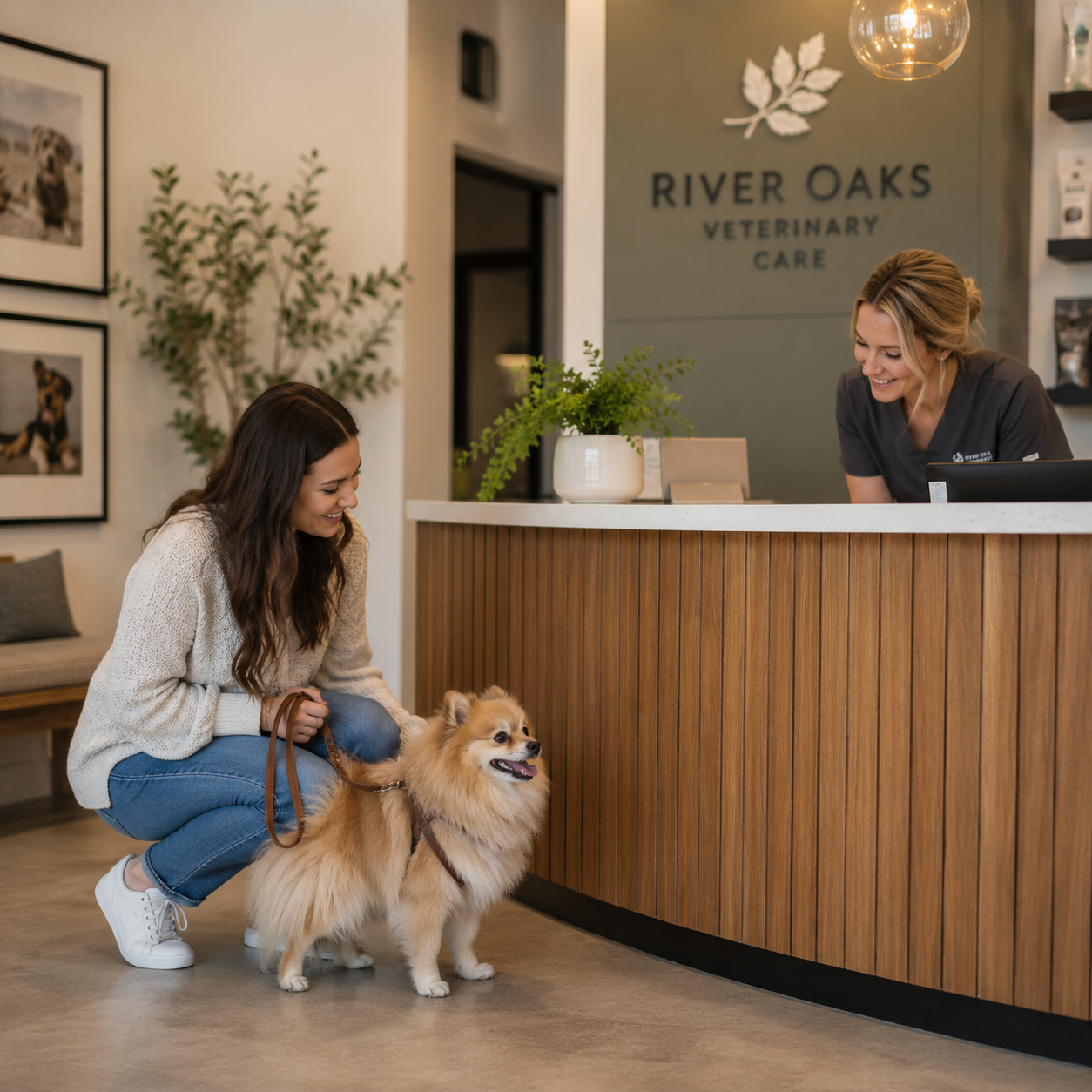Veterinary clinic exam room with a vet tech and a small dog