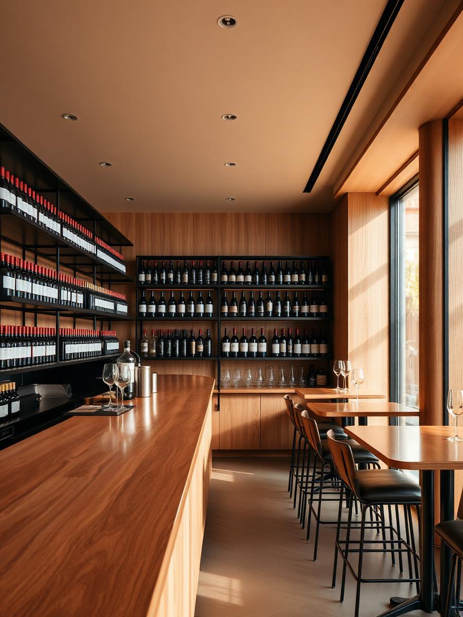 Modern independent wine bar interior with warm wood bar