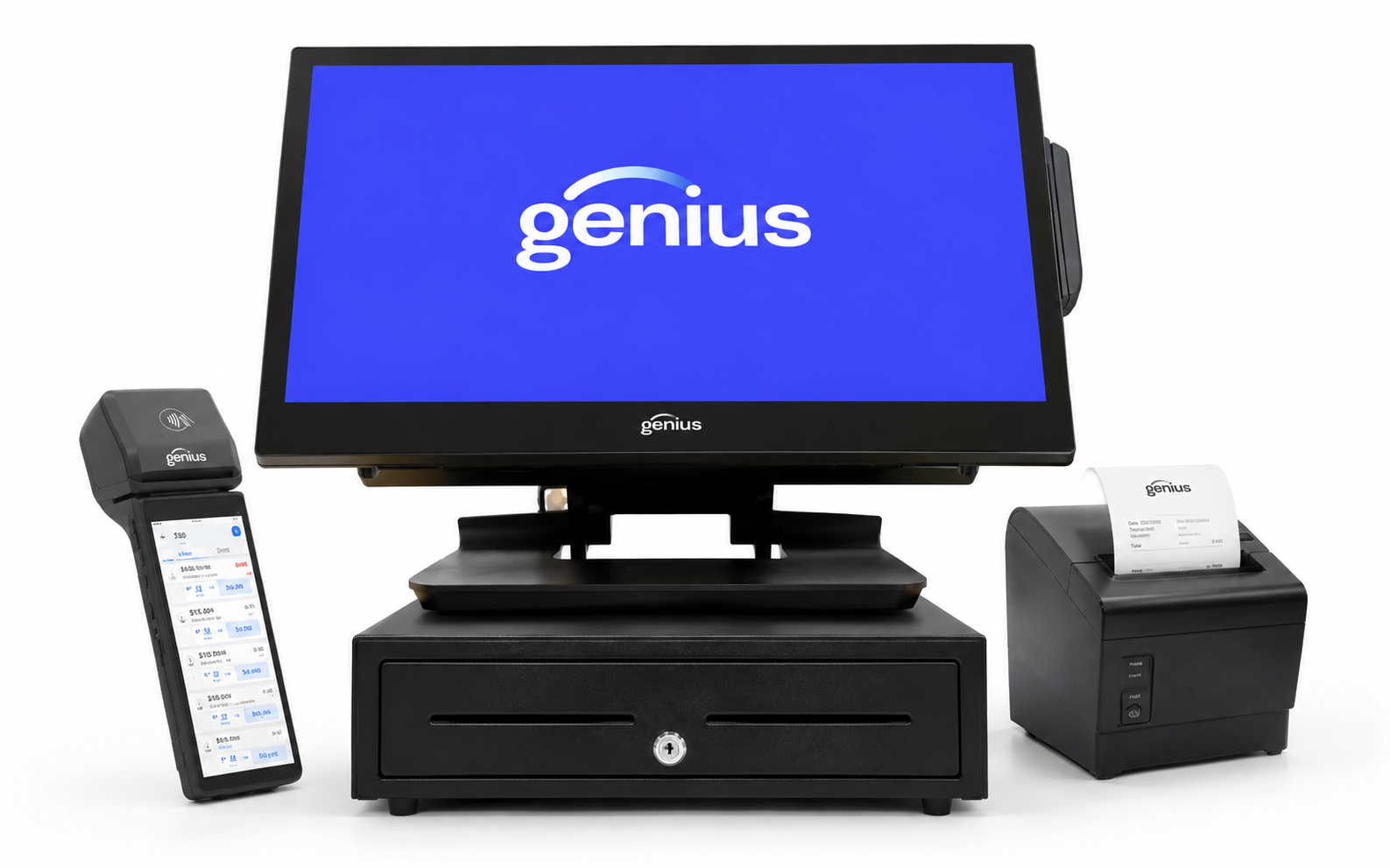 Genius POS station with handheld terminal, cash drawer, and receipt printer — Genius POS hardware offered by JustPayments