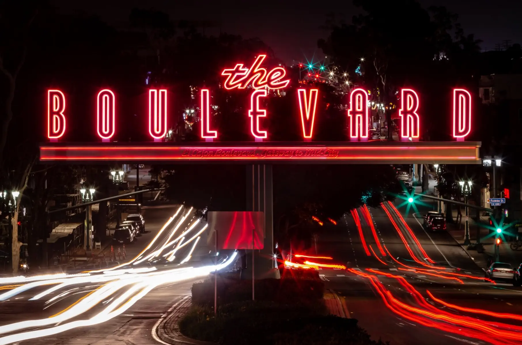 The Boulevard neon sign over El Cajon Boulevard in San Diego at night
