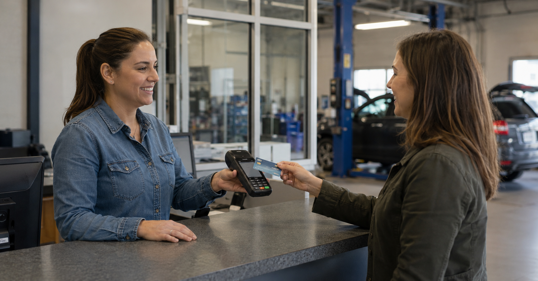 Customer paying at auto body shop counter with a payment terminal