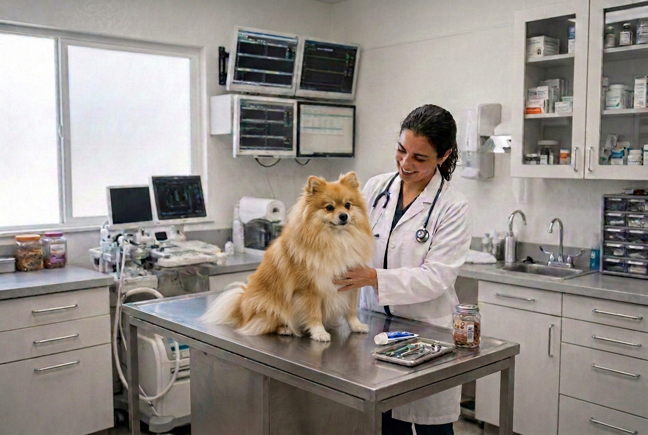 Veterinarian holding a Pomeranian dog in a modern clinic