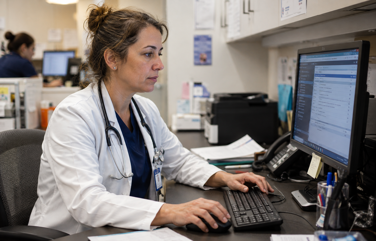 Medical administrator using practice management software at a computer workstation