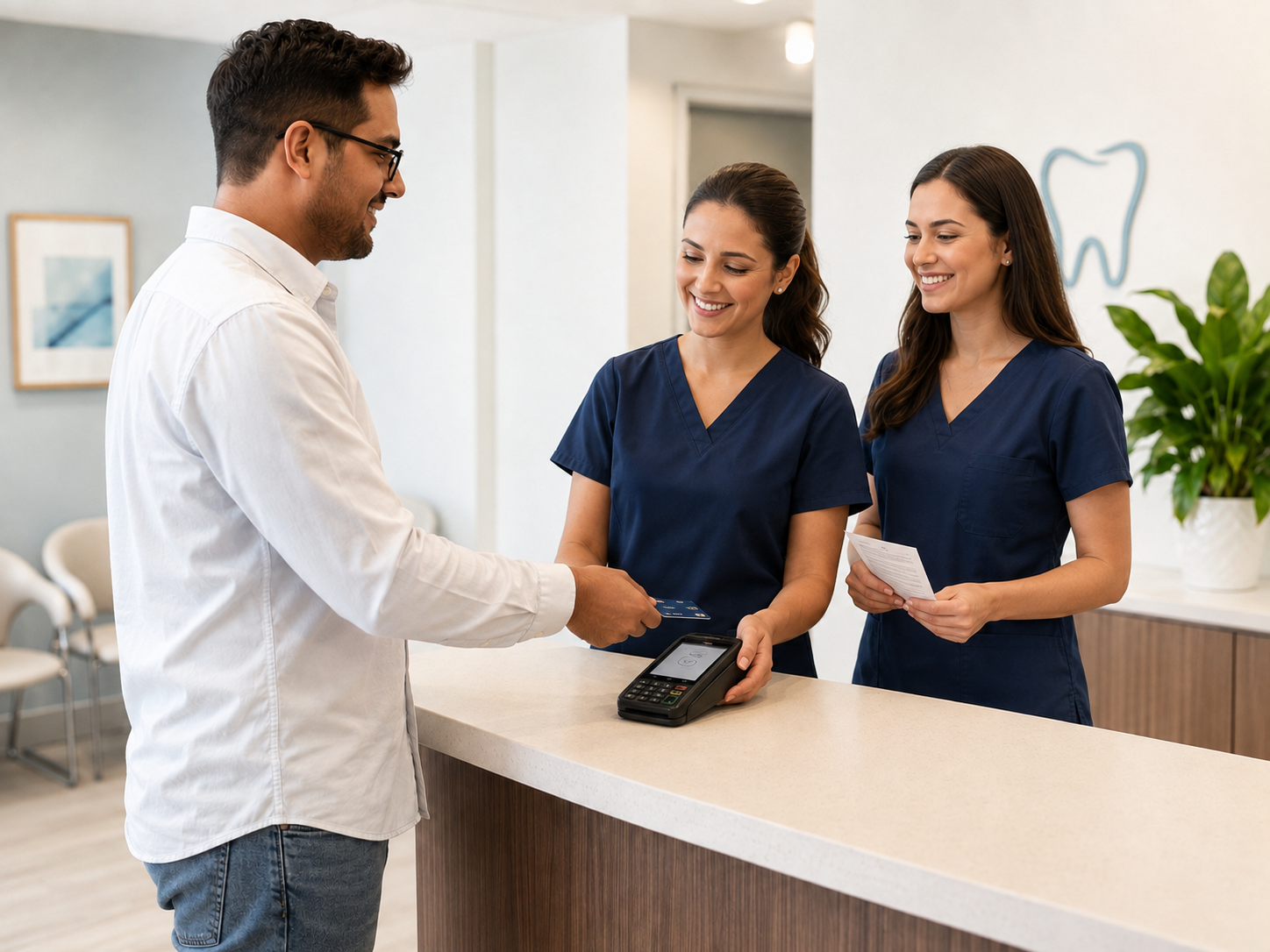 Dental office staff using digital tablet for patient checkout