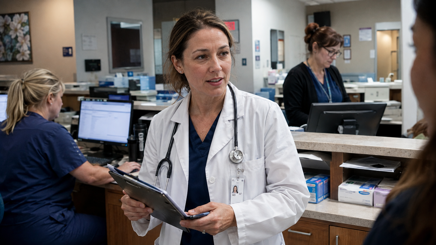 Healthcare professional smiling in a modern medical office