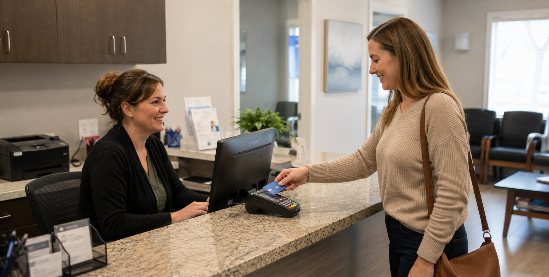 Patient using contactless payment at medical clinic
