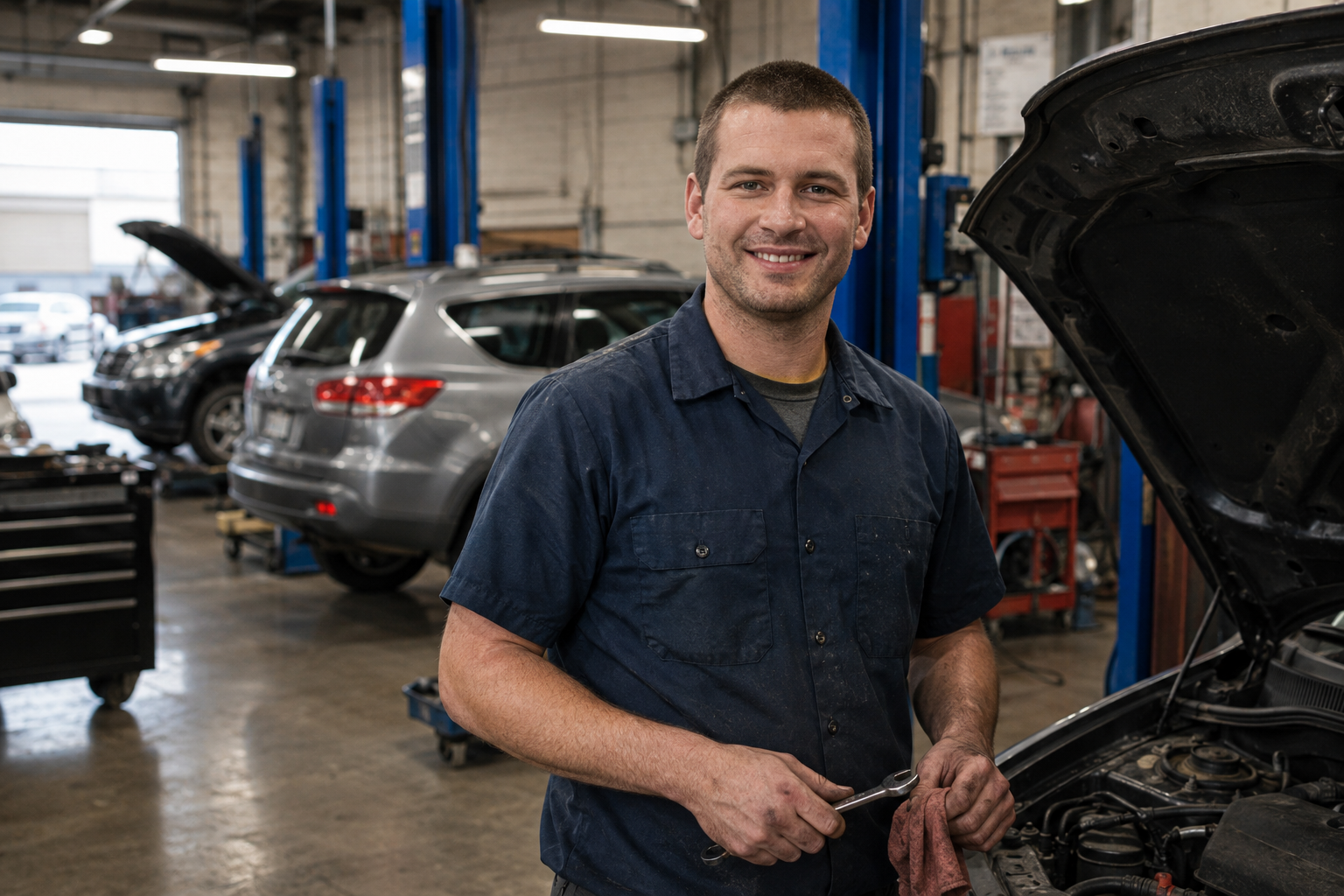 Friendly auto body technician standing in a modern collision repair shop