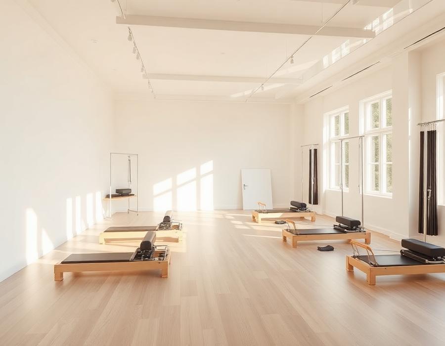 Bright boutique pilates studio with reformer machines