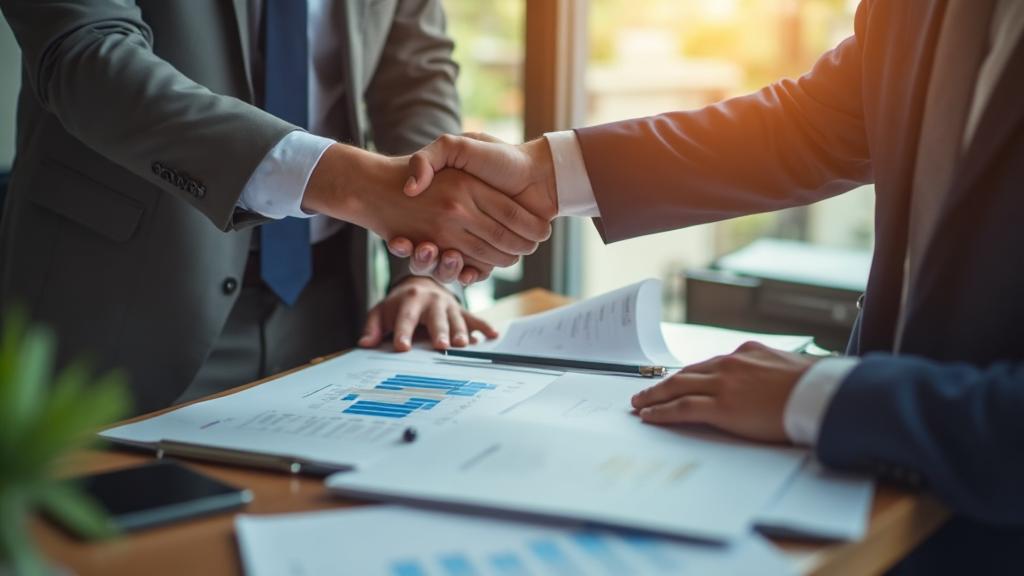 Business owner and funding specialist shaking hands over financial documents