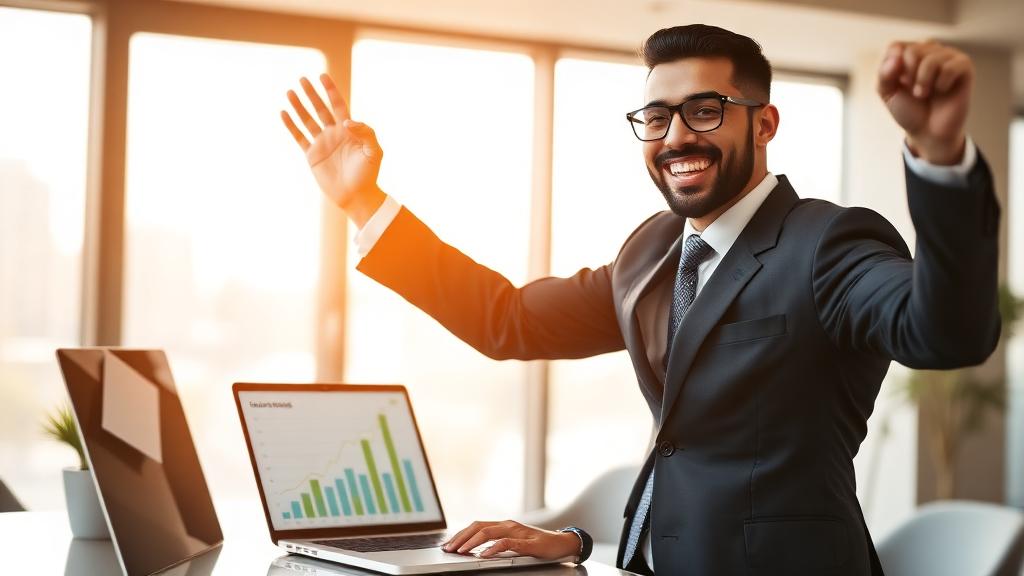 Sales professional celebrating revenue growth and residual income