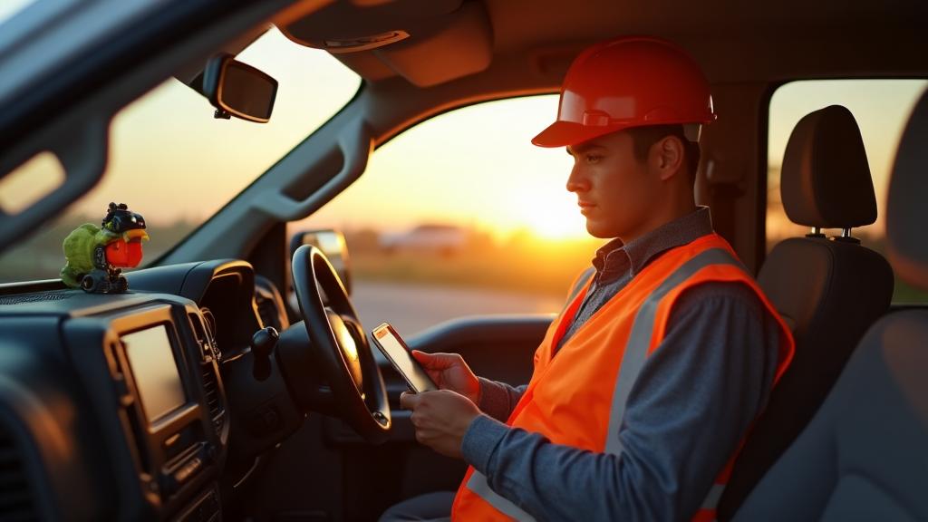 Contractor using job management software in work truck