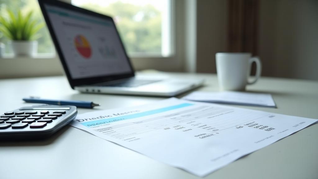 Processing statement with calculator and laptop showing analytics