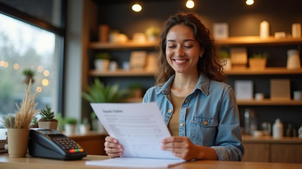 Small business owner happily reviewing transparent pricing statement