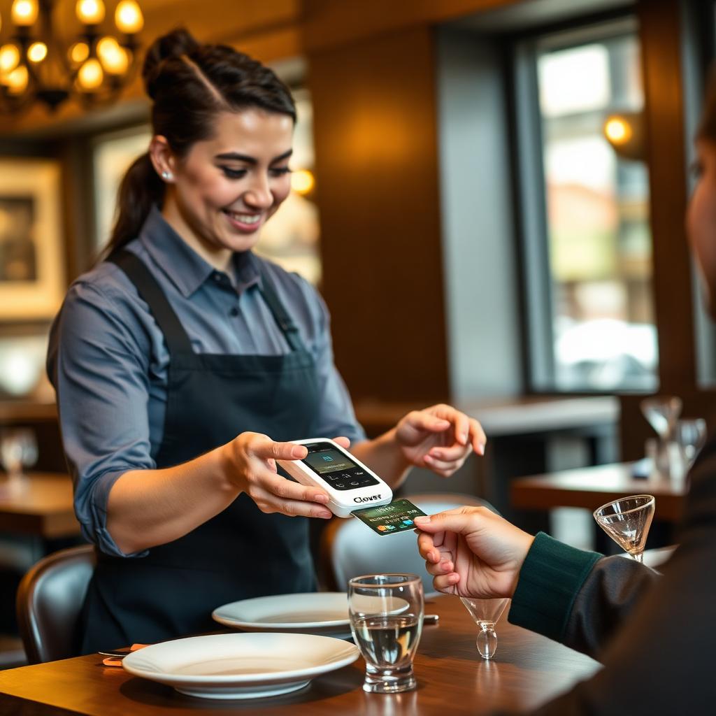 Server presenting Clover Flex payment terminal to dining guests
