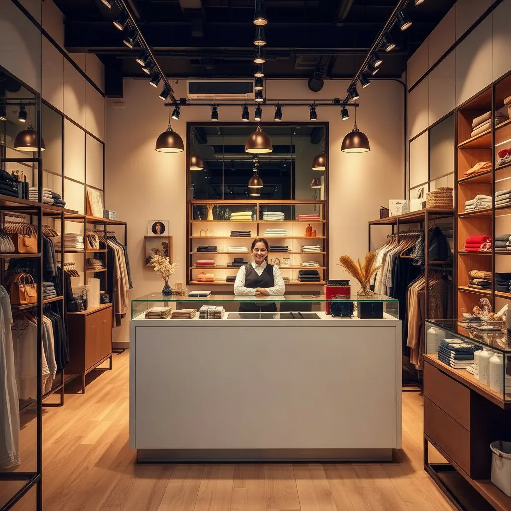 Retail boutique shop owner at modern counter