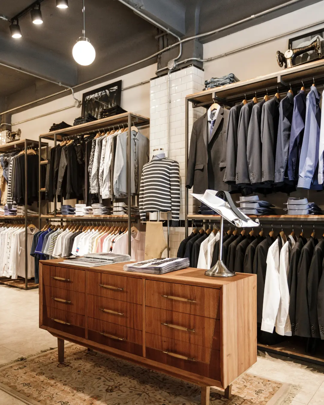 Boutique menswear shop interior with tailored clothing racks