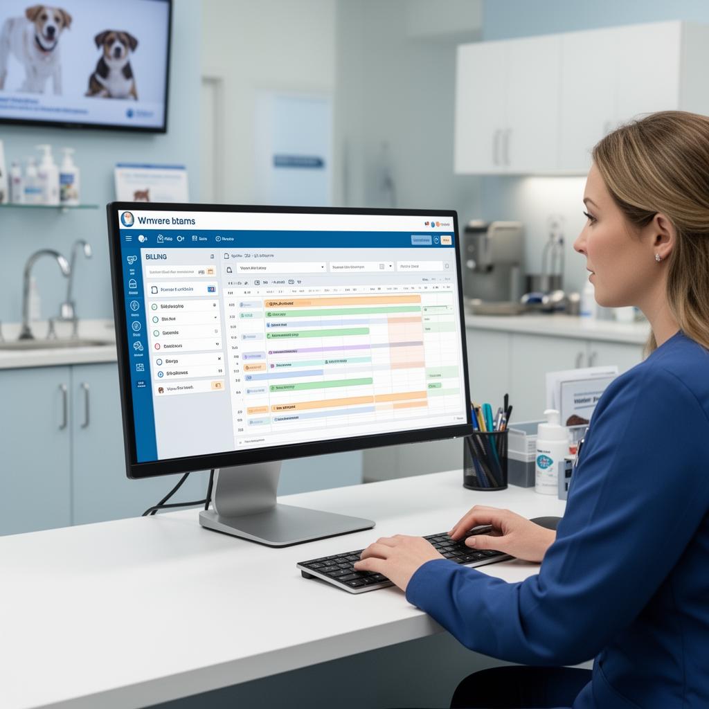 Veterinary office manager using practice management software